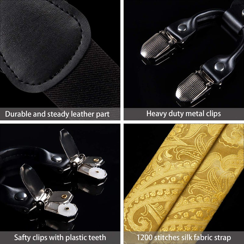 DiBanGu Gold Paisley Suspenders for Men Y-Shape Adjustable Suspenders Bowtie Pocket Square Cufflinks Clip Brace - Image 5